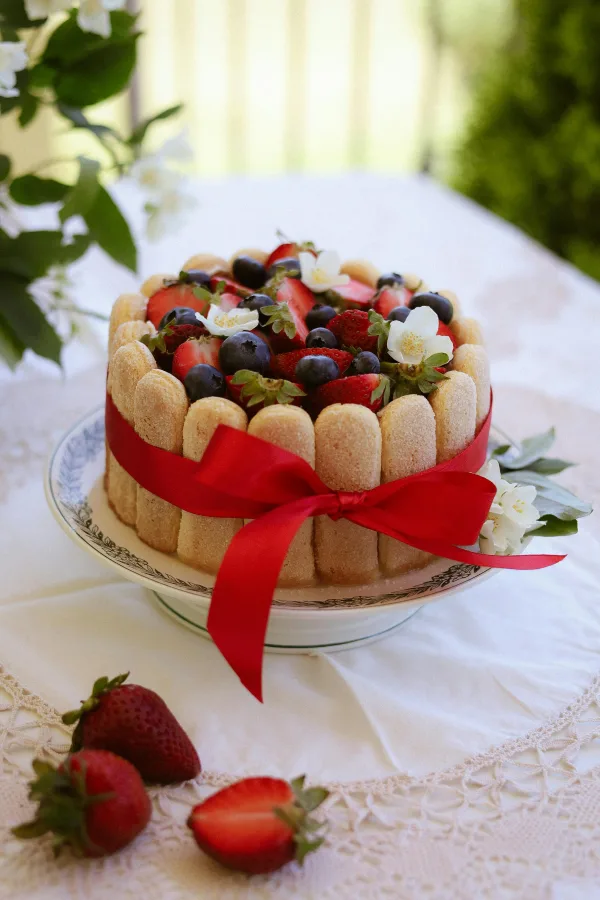 Charlotte aux fraises et myrtilles décorée avec un ruban rouge