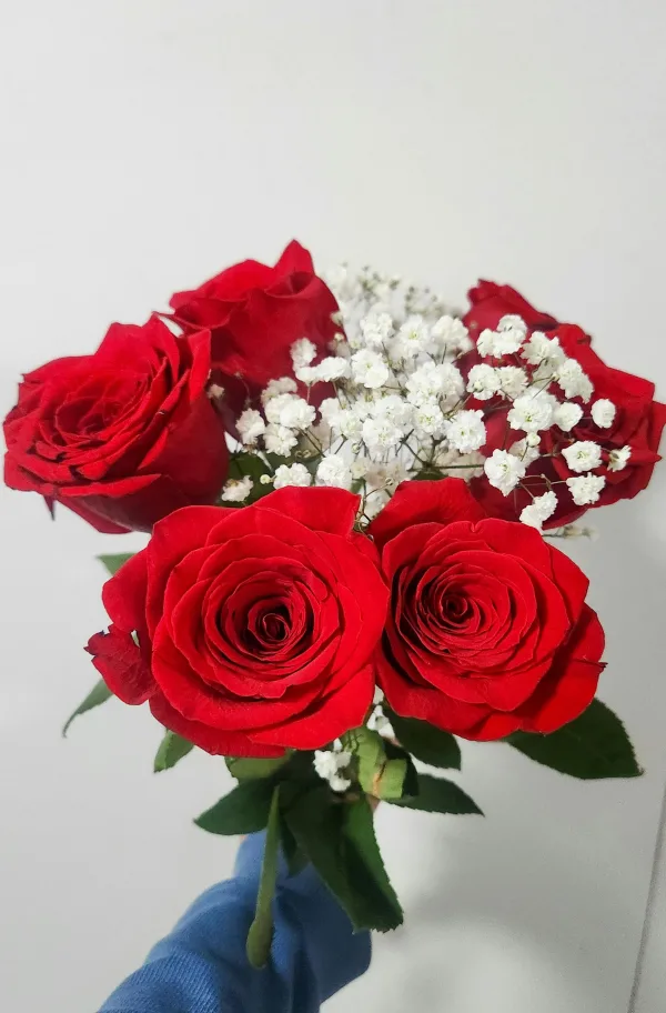 Bouquet de roses rouges élégantes avec fleurs blanches