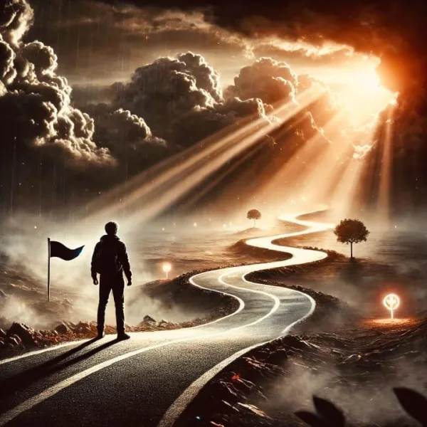 Route sinueuse vers la lumière dans un paysage fantastique