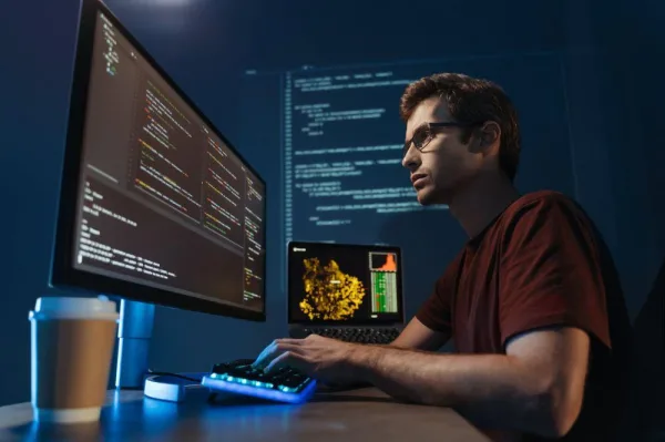 Programmeur travaillant sur du code informatique de nuit