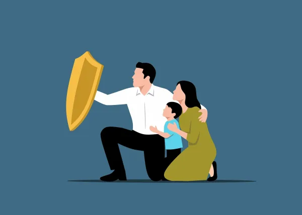 Famille protégée par un bouclier symbolisant la sécurité et la protection familiale