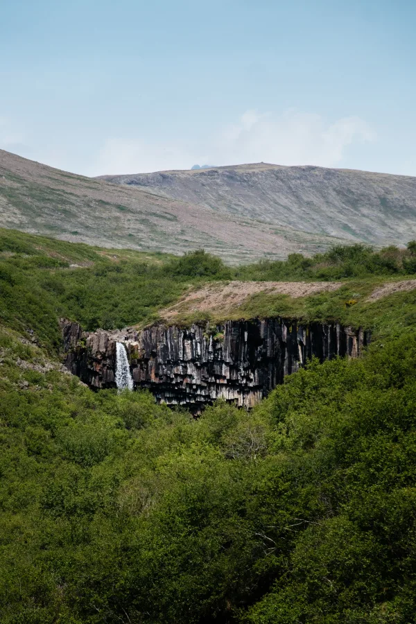 Cascade cachée au cœur d’une vallée verdoyante et de falaises basaltiques