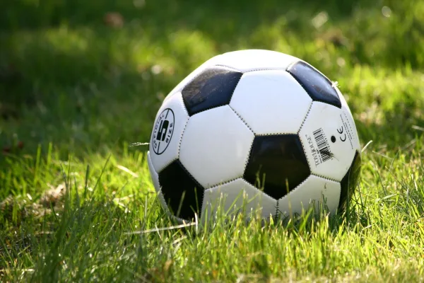 Ballon de football classique posé sur une pelouse verte