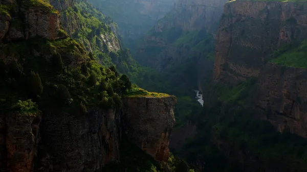 Canyon verdoyant avec falaises rocheuses et rivière au cœur de la nature