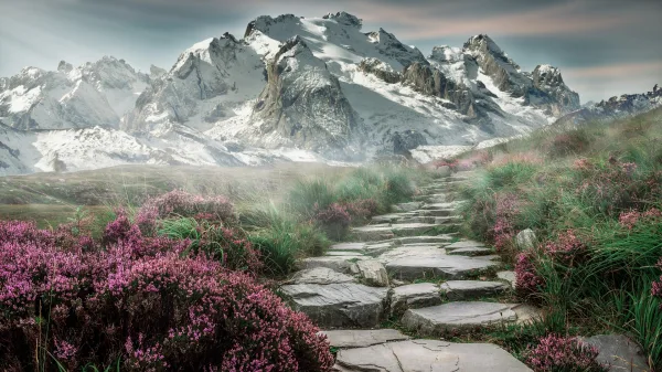 Sentier de montagne fleuri menant à des sommets enneigés majestueux