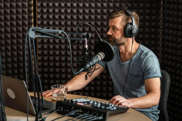 Podcasteur enregistrant une émission dans un studio d'enregistrement
