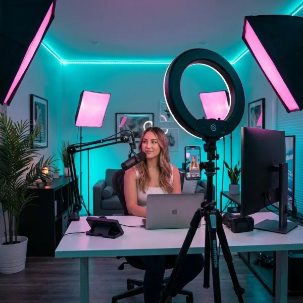Studio professionnel de création de contenu avec fond vert et éclairage vidéo