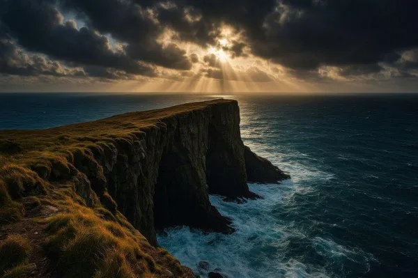Falaises côtières sous un ciel orageux avec rayons de soleil sur l'océan