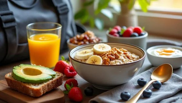 Petit-déjeuner sain et équilibré pour sportifs avec flocons d'avoine, fruits et avocat
