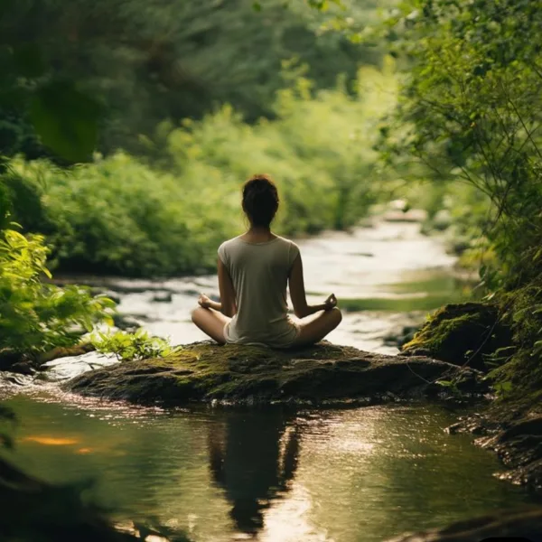 Femme en méditation au bord d'une rivière en pleine nature