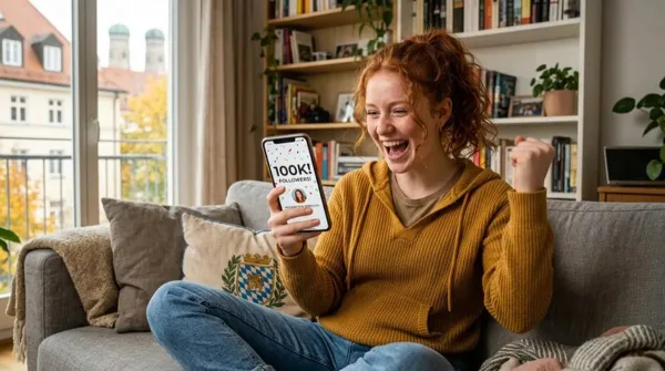 Créatrice de contenu célébrant les 100 000 abonnés sur les réseaux sociaux depuis son salon