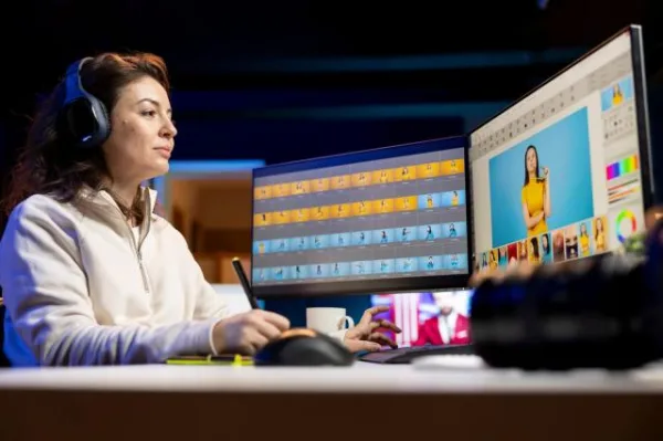 Monteuse vidéo professionnelle travaillant sur un projet de création de contenu