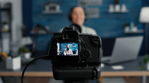 Créateur de contenu enregistrant un podcast vidéo dans un studio à domicile