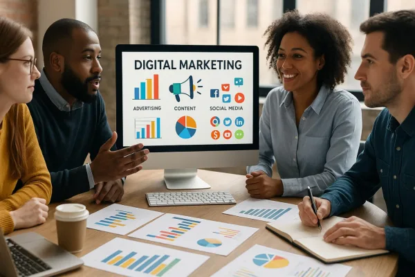 Équipe de marketing digital en réunion stratégique autour d'une campagne numérique