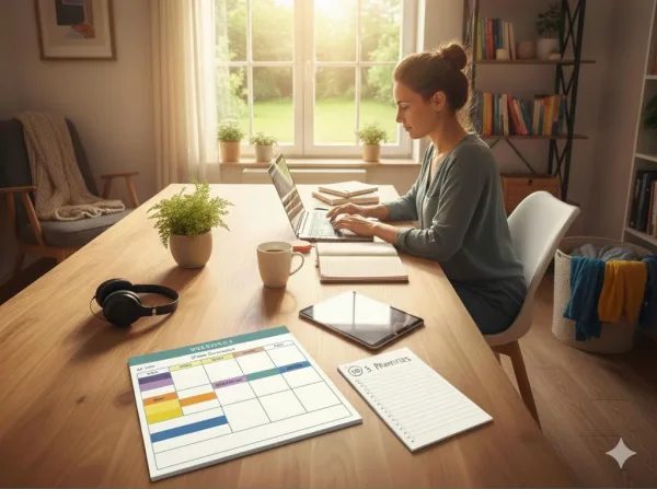 Femme en télétravail organisant son planning dans un bureau à domicile