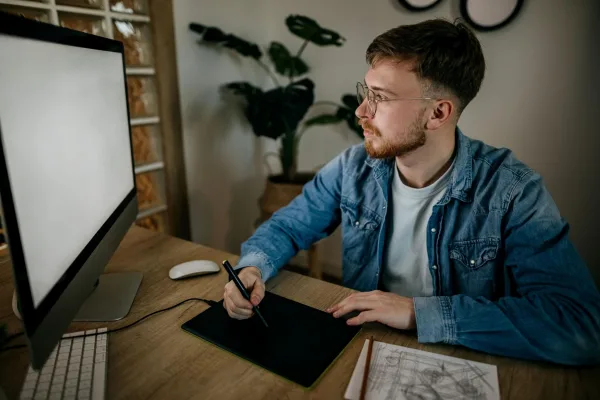 Designer graphique utilisant une tablette graphique pour créer des illustrations numériques