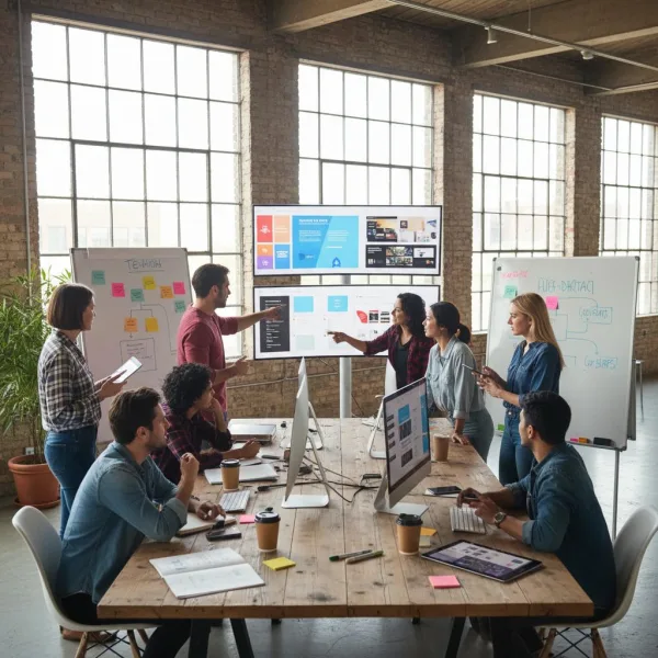 Équipe de professionnels en réunion de travail autour d'un projet numérique dans un bureau moderne