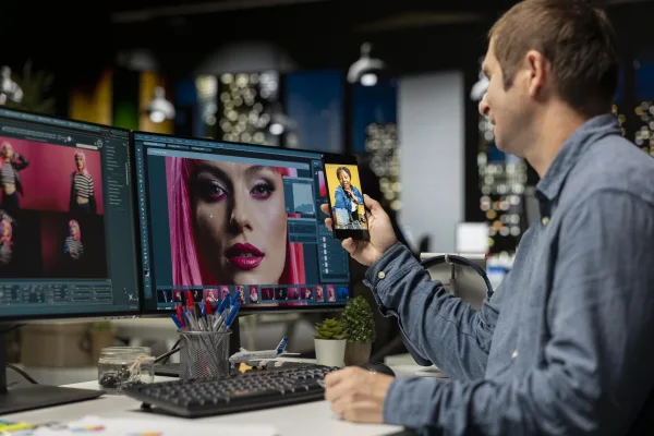 Créateur de contenu éditant des photos sur ordinateur et smartphone dans un studio de création numérique