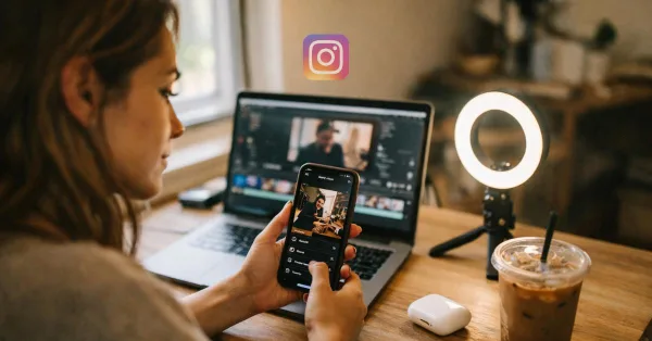 Création et publication de contenu Instagram avec smartphone et ordinateur portable