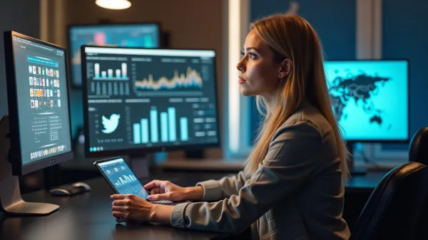 Analyste des réseaux sociaux utilisant un tableau de bord d'analyse et de performance marketing