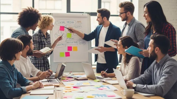 Équipe de community managers en réunion de stratégie pour les réseaux sociaux et le marketing de contenu