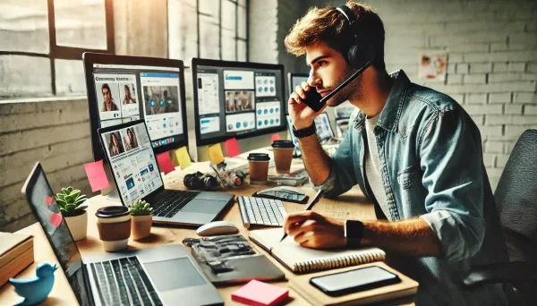 Community manager multitâche gérant les réseaux sociaux, le support client et la modération de communauté