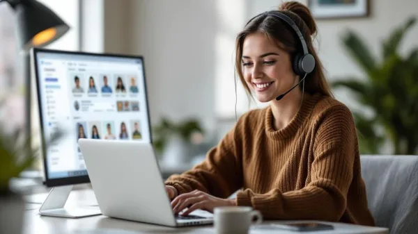 Téléconseillère en service client travaillant à distance avec un casque et un ordinateur portable