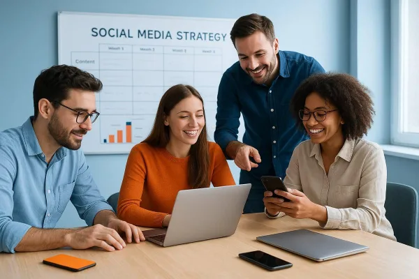 Équipe de community managers élaborant une stratégie de médias sociaux et un calendrier éditorial