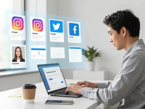 Professionnel gérant plusieurs comptes de réseaux sociaux sur ordinateur portable