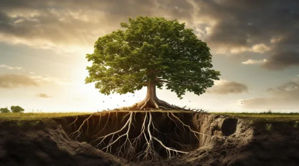 Arbre aux racines visibles, symbole de confiance en soi, de résilience et de fondations solides