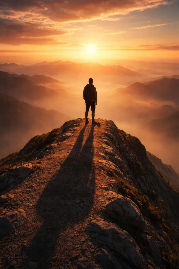Personne contemplant un lever de soleil au sommet d'une montagne, symbole de confiance en soi, d'ambition et de nouveaux départs