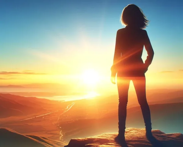 Silhouette d'une femme face au lever du soleil, symbole de confiance en soi, de liberté et d'ambition