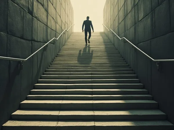 Homme gravissant un escalier vers la lumière, symbole de réussite et de progression