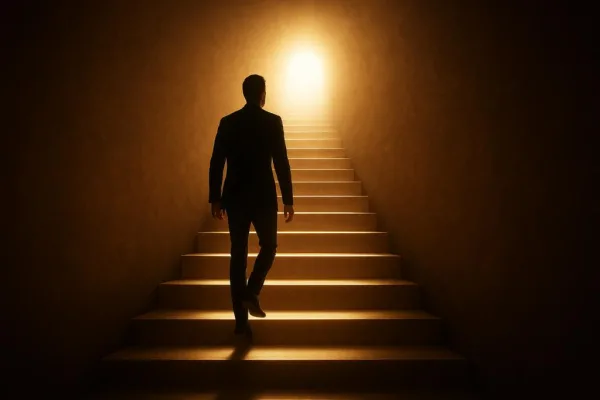 Homme gravissant un escalier vers la lumière, symbole d'espoir, de réussite et de transformation