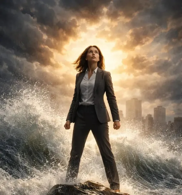 Femme résiliente affrontant les tempêtes avec confiance et détermination
