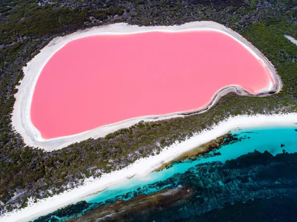 Vue aérienne d'un lac rose entouré d'eaux turquoise cristallines